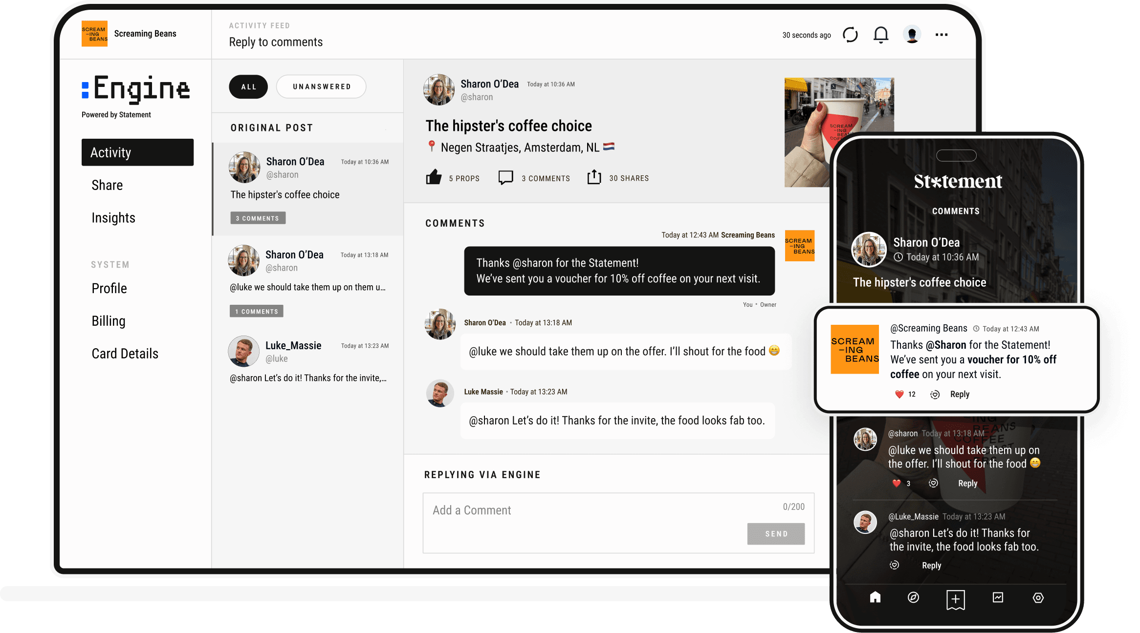 The Engine dashboard for replying to comments, alongside the Statement app showing a business's replies